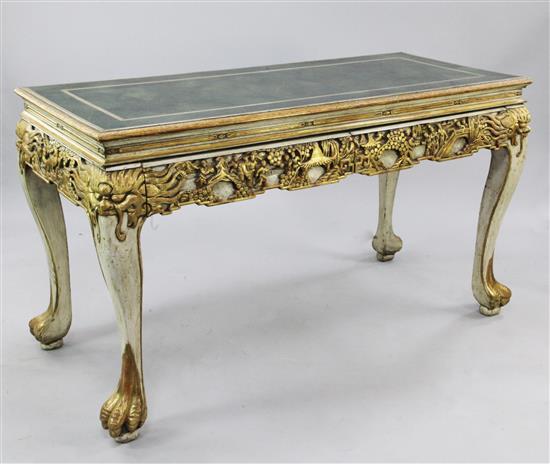 An early 20th century white painted and parcel gilt chinoiserie side table, W.5ft.